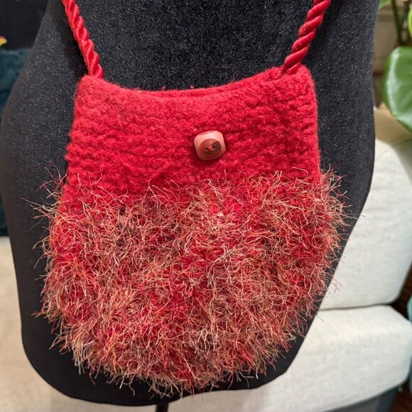 Handmade Crossbody Felted Bag, Fuzzy Eyelash Knit, Red - Picture 6 of 13